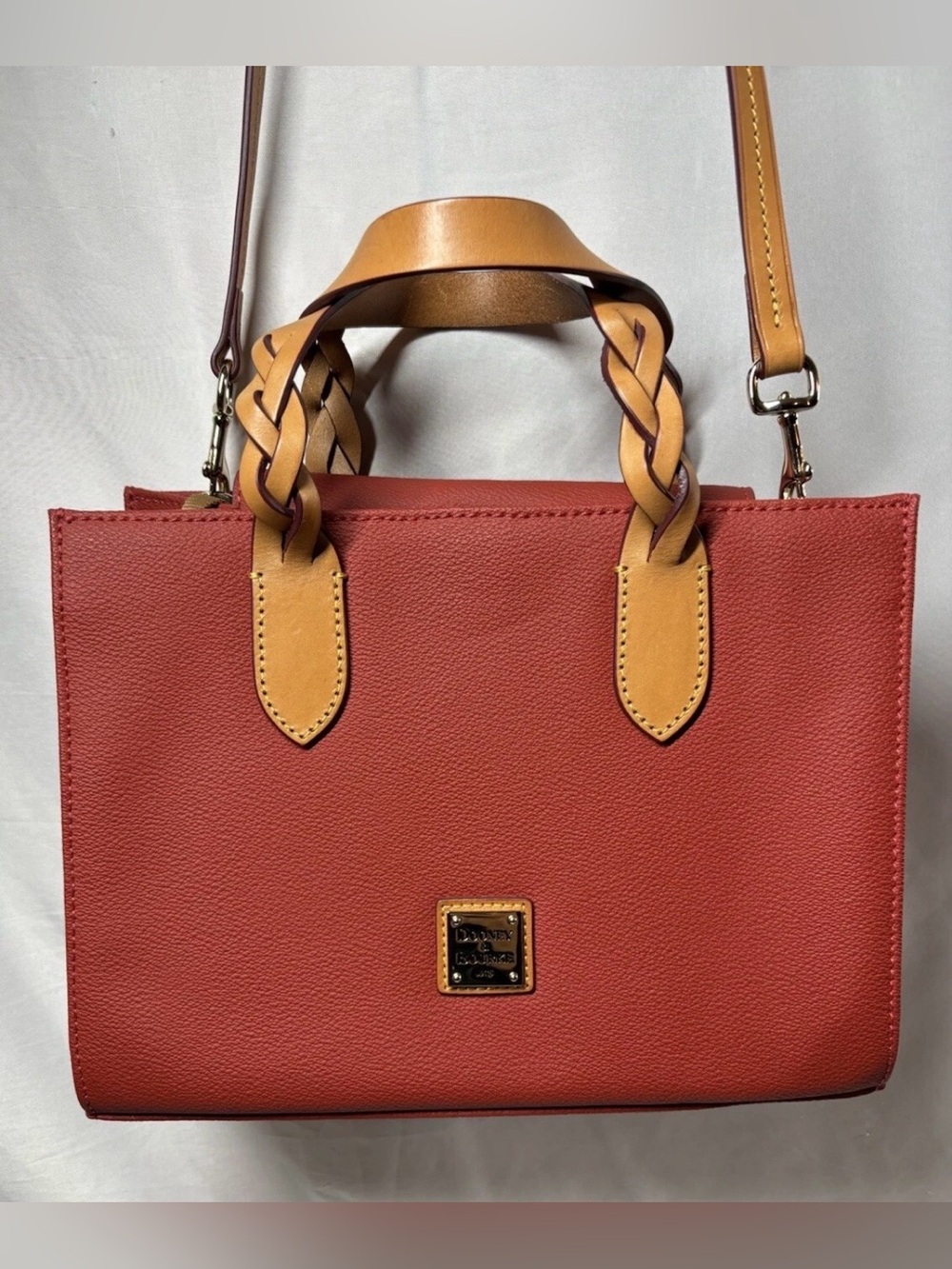 Dooney & Bourke Red Leather Satchel with Tan Braided Handles and Strap Crossbody